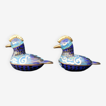 Set of 2 small vintage peacock enameled boxes