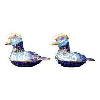 Set of 2 small vintage peacock enameled boxes