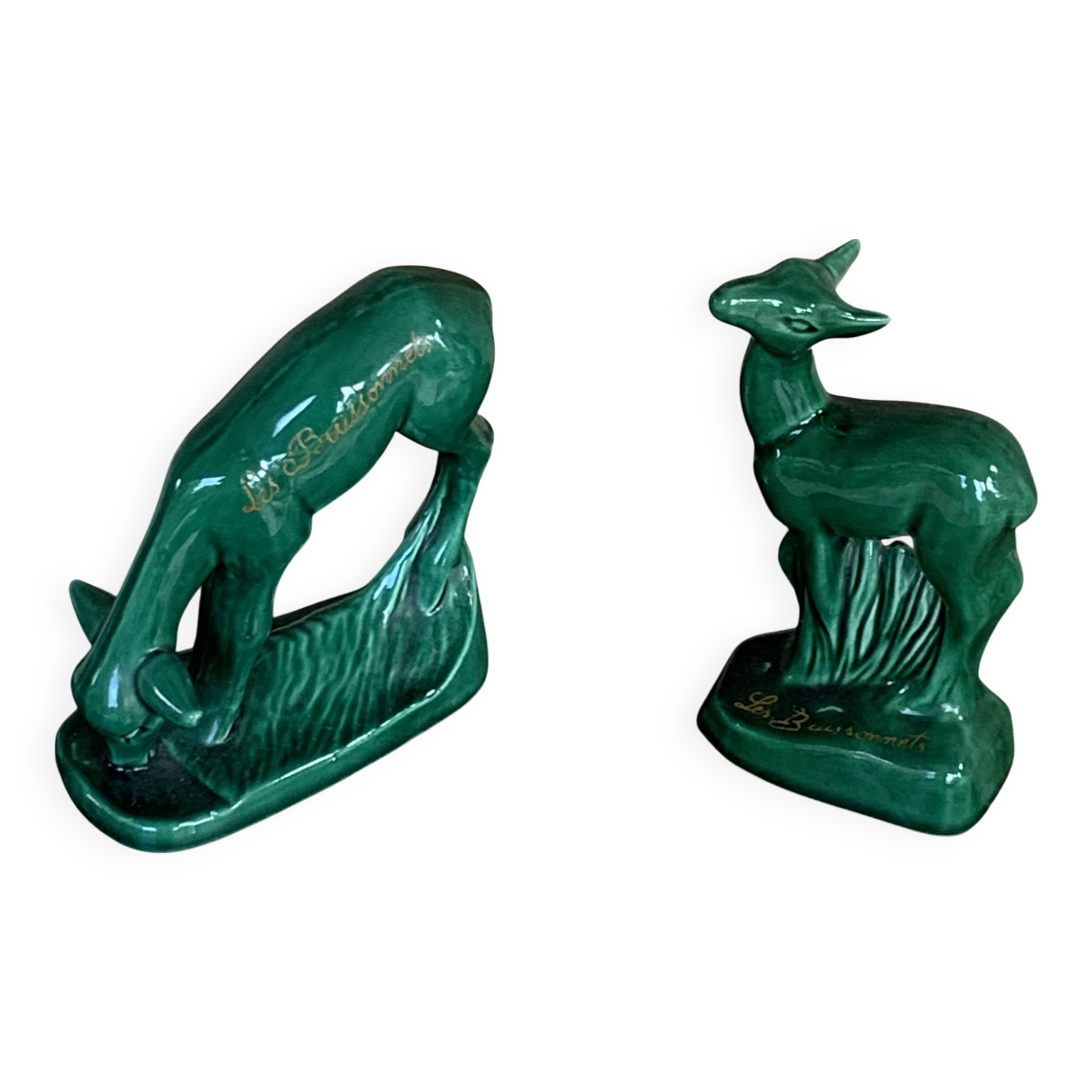 Pair of deer in green enameled ceramic, slip, decorative, Stamped, Les Buissonnets