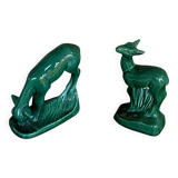 Pair of deer in green enameled ceramic, slip, decorative, Stamped, Les Buissonnets