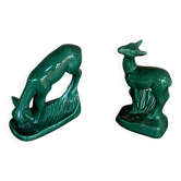 Pair of deer in green enameled ceramic, slip, decorative, Stamped, Les Buissonnets
