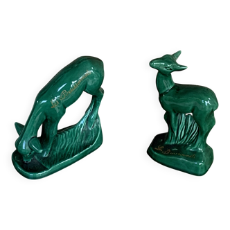Paire de biches en ceramique emaillée verte, barbotine, decorative,  Estampillées, Les Buissonnets