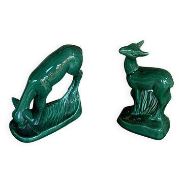 Pair of deer in green enameled ceramic, slip, decorative, Stamped, Les Buissonnets