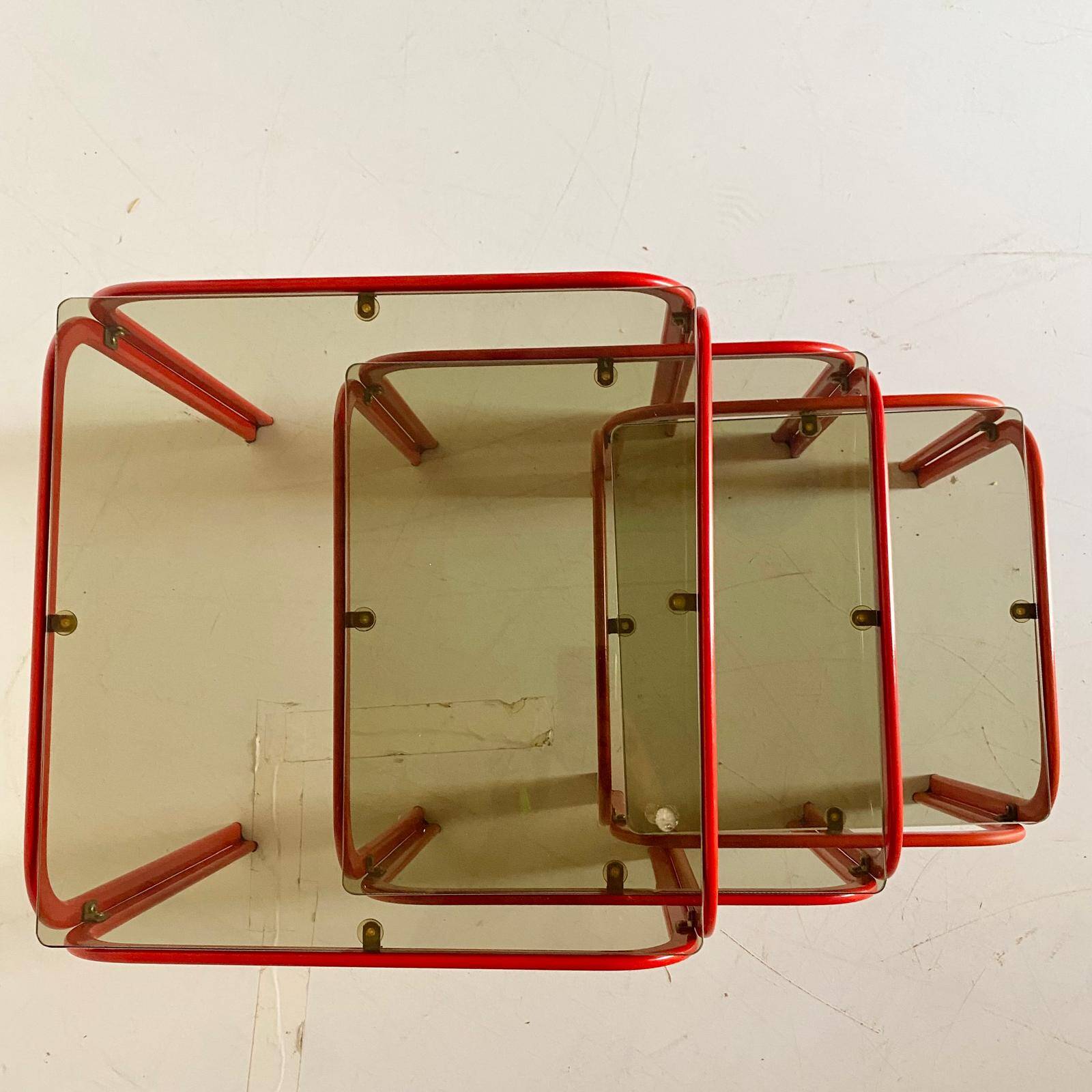 1970s Vintage Italian Nesting Tables with Red Iron Frame & Smoked Glass