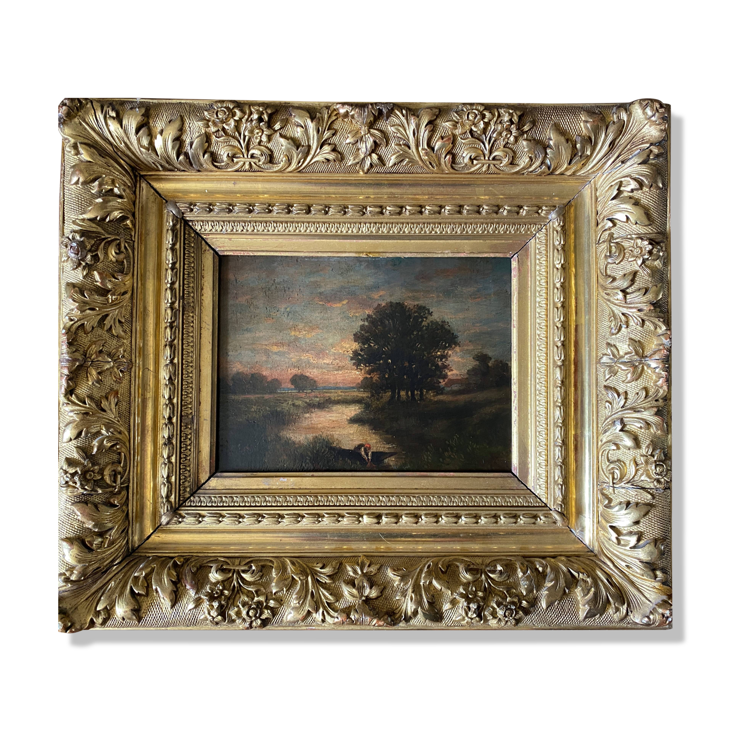 Painting "Landscape with washerwoman" cf. Théodore Rousseau XIX° + frame