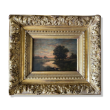 Painting "Landscape with washerwoman" cf. Théodore Rousseau XIX° + frame