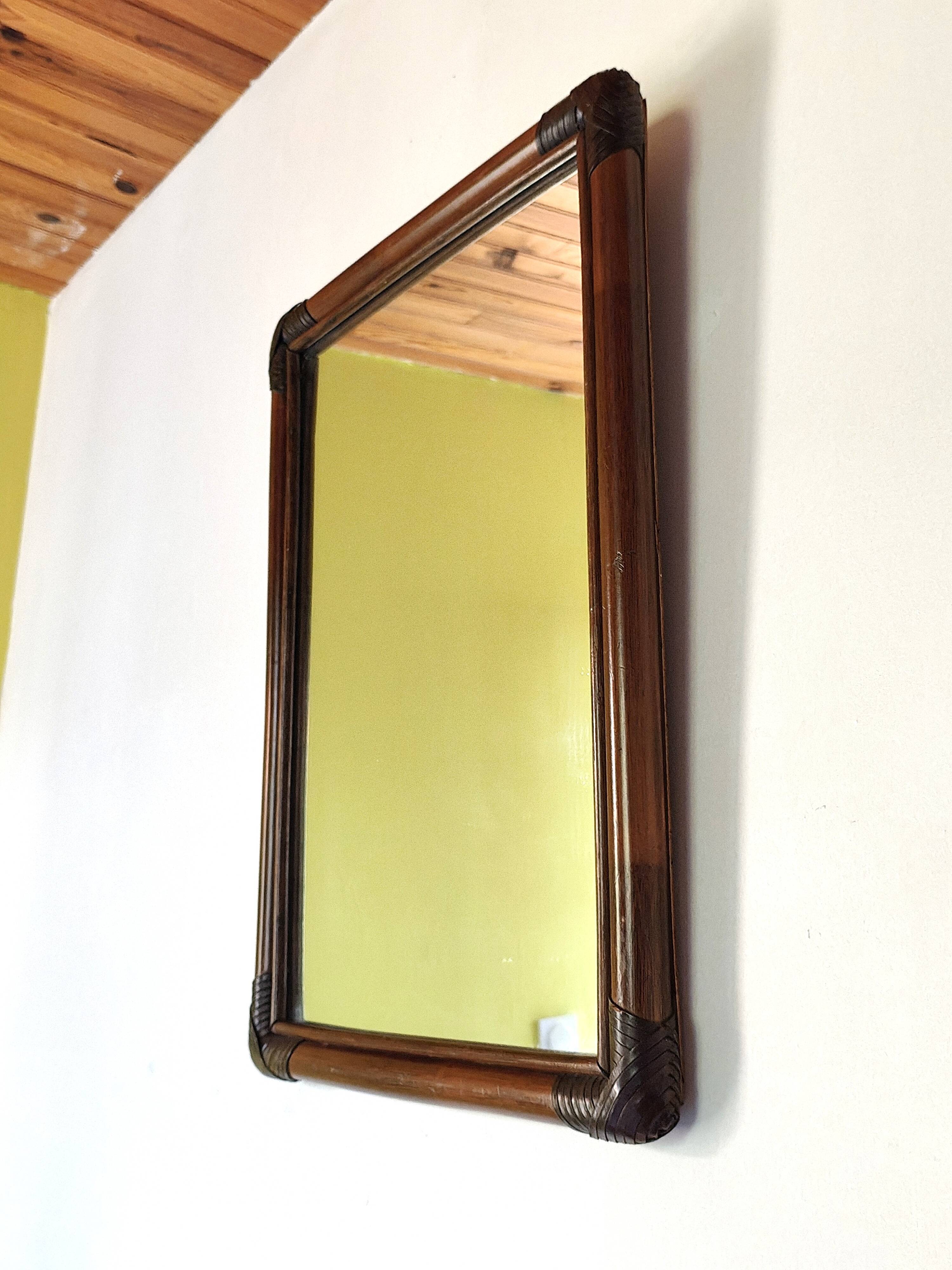 Antique mirror in bamboo and woven leather