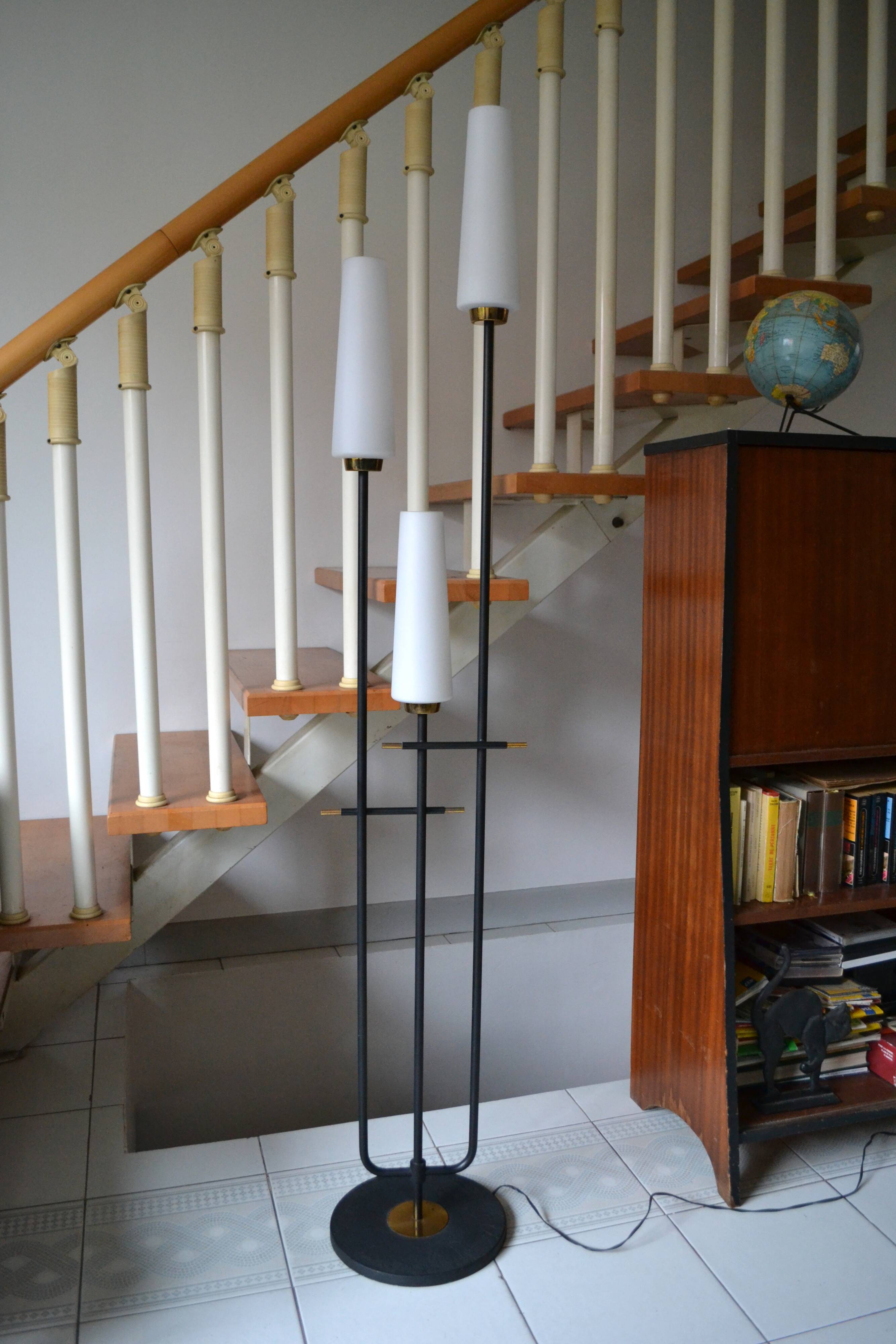 Vintage floor lamp Maison Arlus 3 lights opaline metal