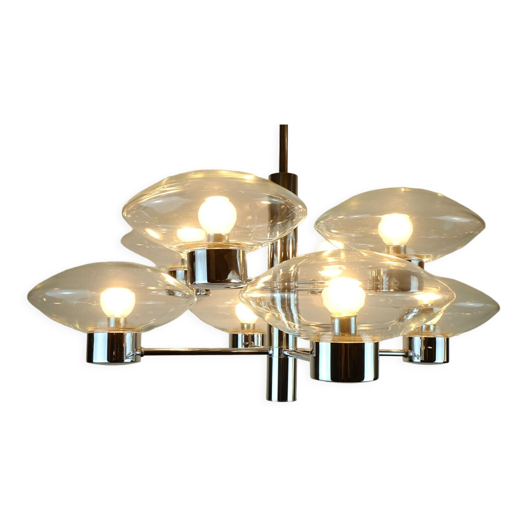 1970s kaiser 8-light PENDANT LIGHT chandelier chrom and clear glass