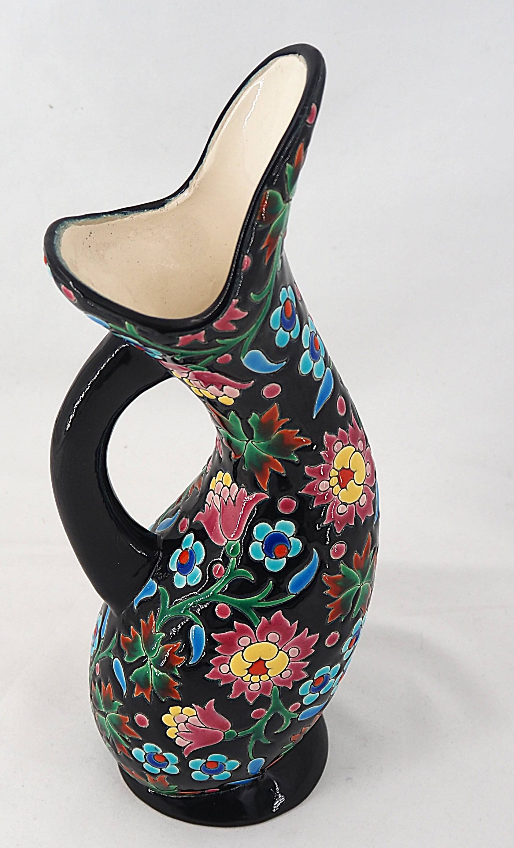 Beautiful Longwy enamel jug, signed, in excellent condition.