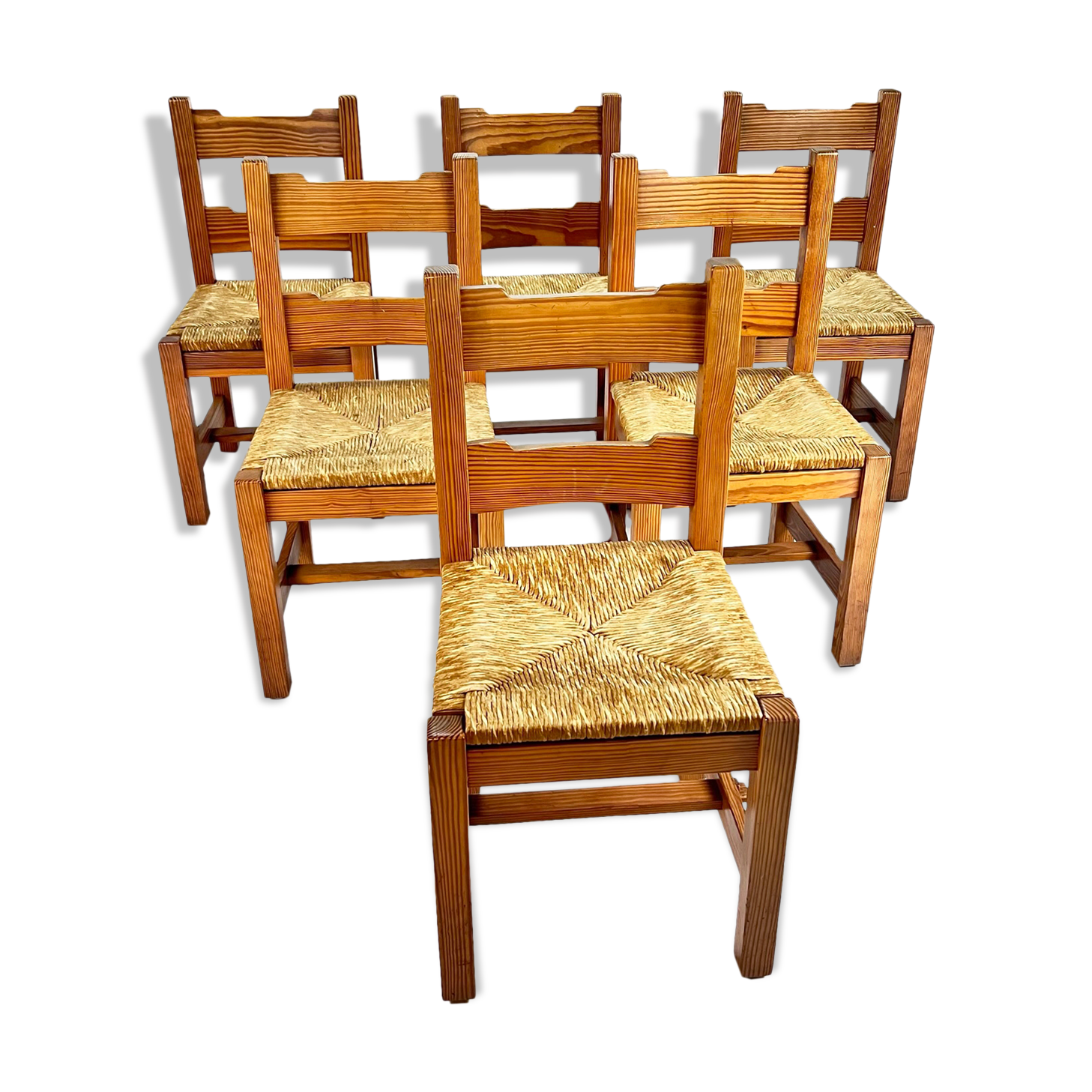 Mid century pine and rush dining chairs, set of 6, 1960s