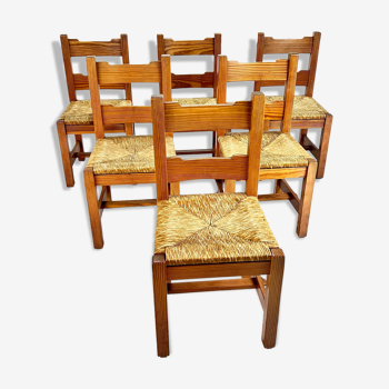 Mid century pine and rush dining chairs, set of 6, 1960s