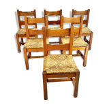 Mid century pine and rush dining chairs, set of 6, 1960s