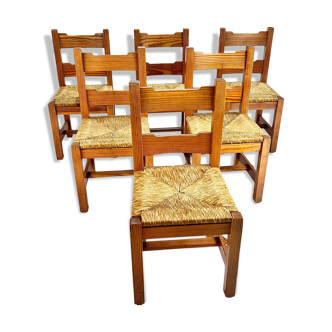Mid century pine and rush dining chairs, set of 6, 1960s