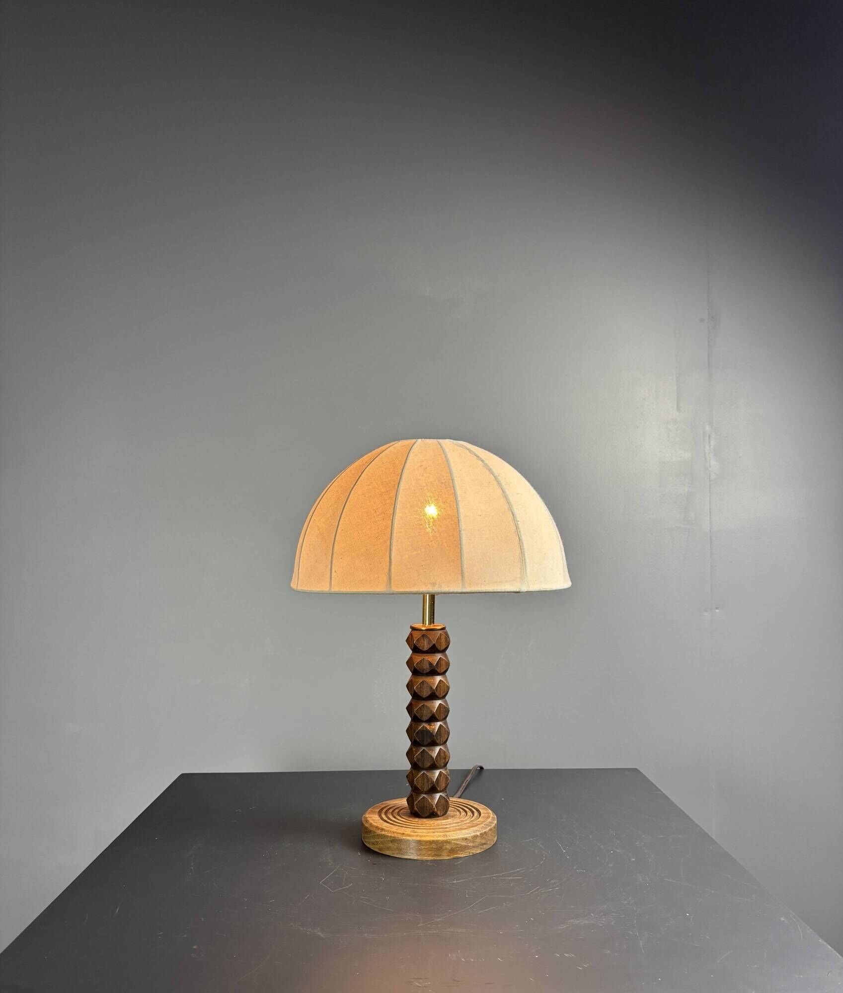 Midcentury brutalist wood turned mushroom table lamp, Charles Dudouyt style