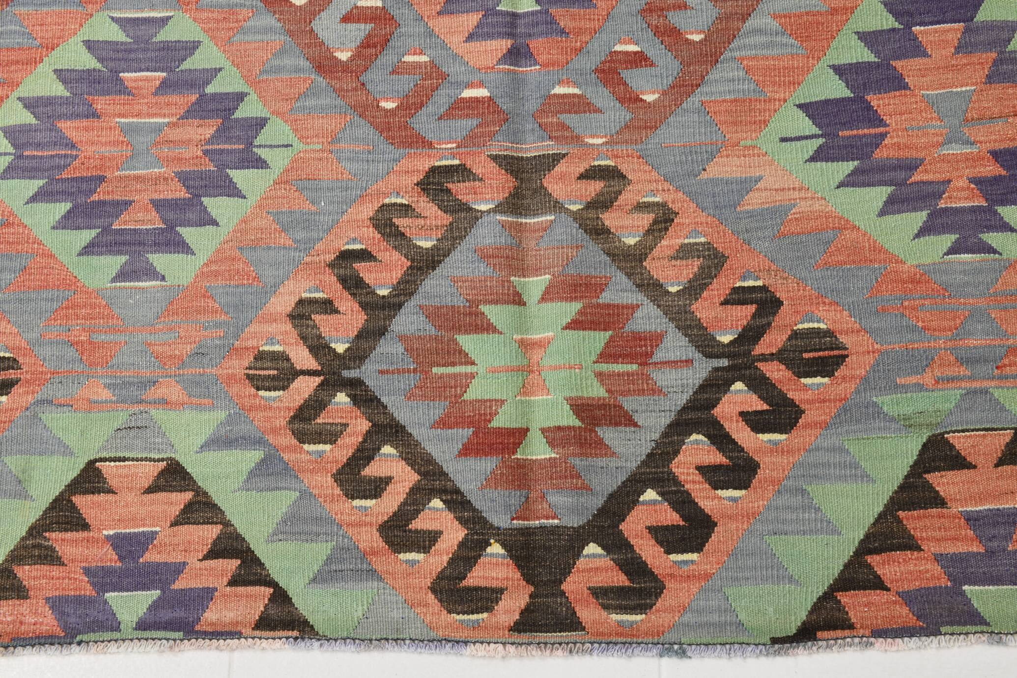 6x9 Green & Salmon Geometric Kilim Rug, 177x266Cm