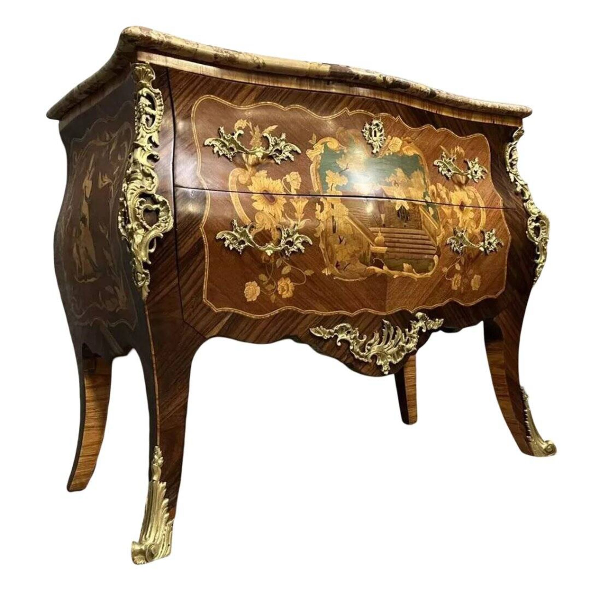 Commode sauteuse galbée style Louis XV estampillée en marqueterie
