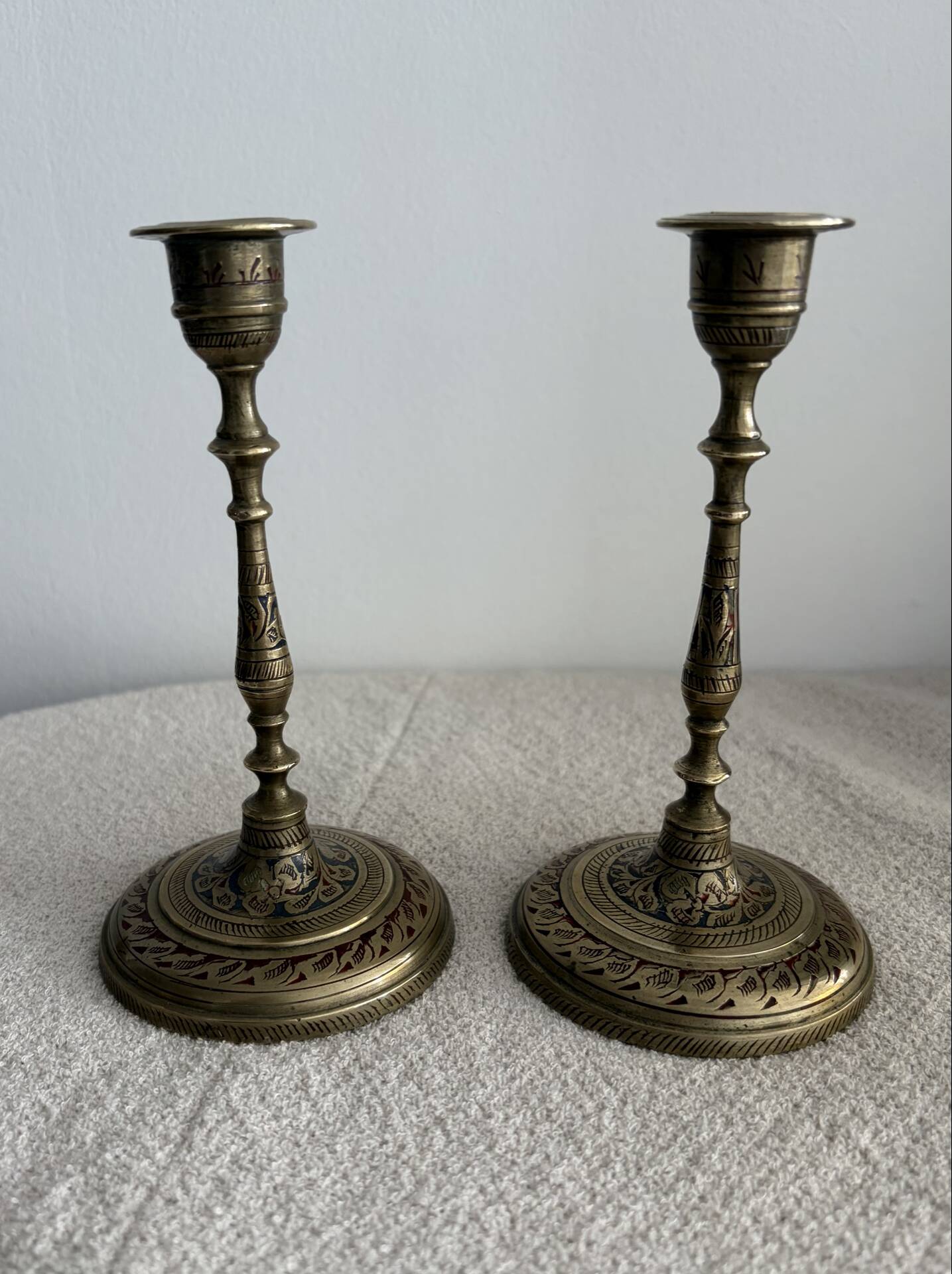 Pair of Vintage Etched Brass & Enamel Candlesticks - India,Mid-Century
