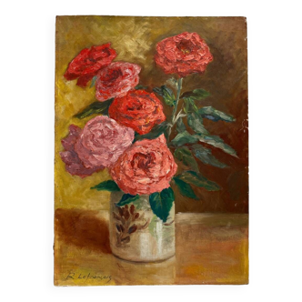 Old oil painting on cardboard bouquet of flowers signed R. Lefrançois 1981