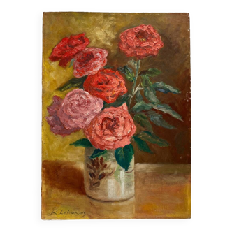 Peinture ancienne huile sur carton bouquet de fleurs signée R. Lefrançois 1981