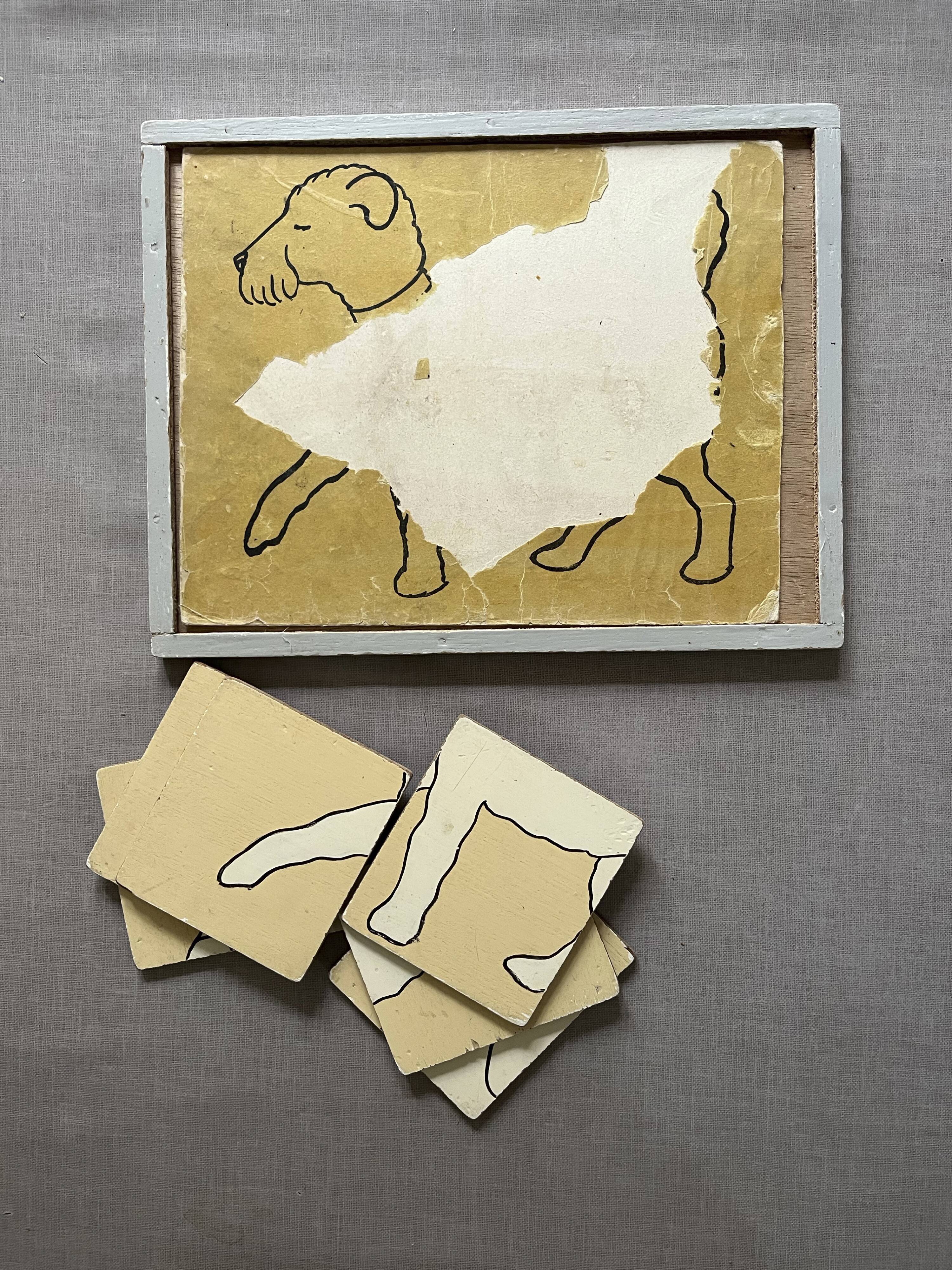 Wooden puzzle frame representing a poodle dog, vintage painting