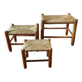 Set of 3 small wooden and straw benches/stools Vintage 60-70s