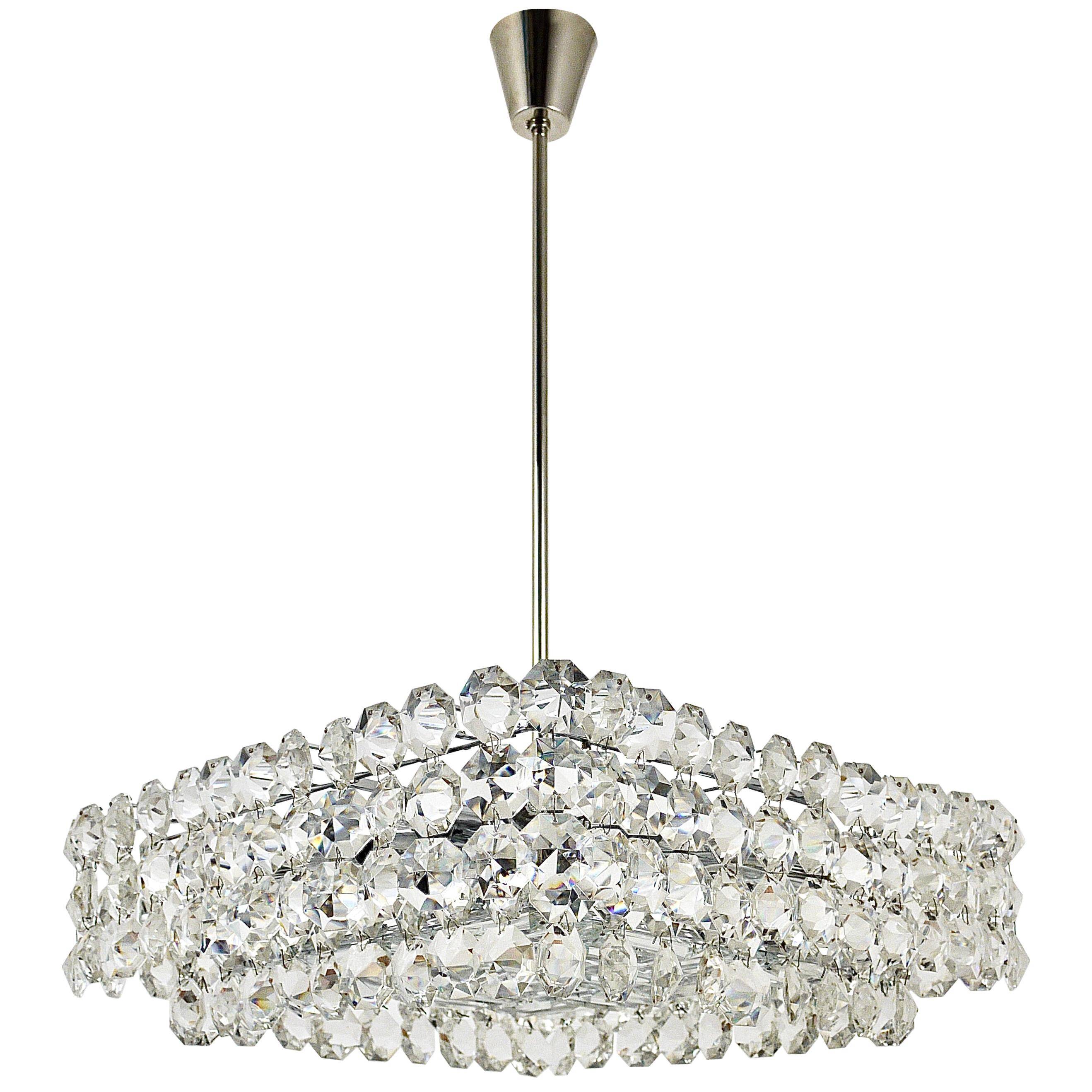 Large square chandelier by Bakalowits with diamond-shaped crystals, Austria, 1950s.