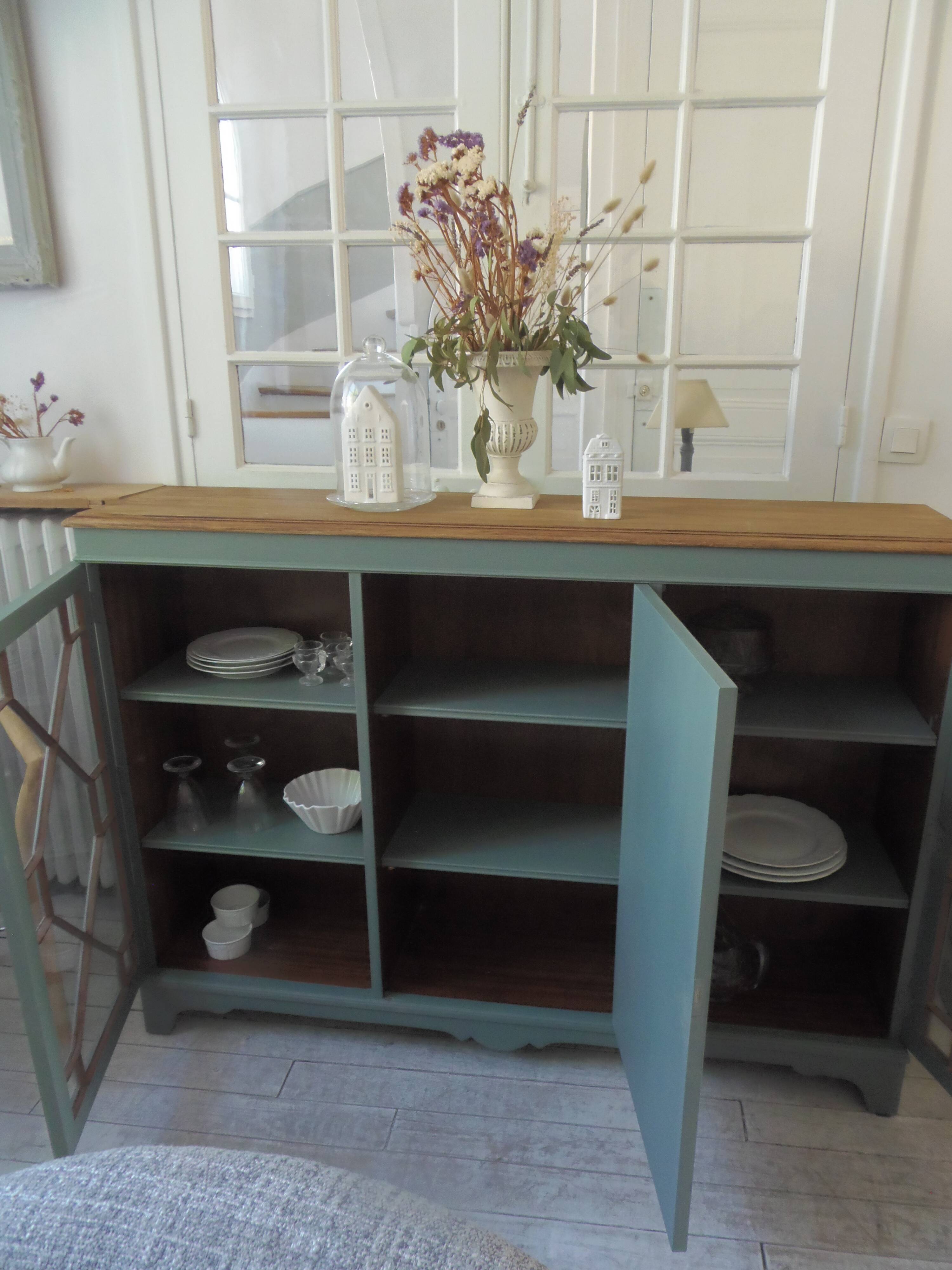 English sideboard, shallow, smoky green, wooden top.