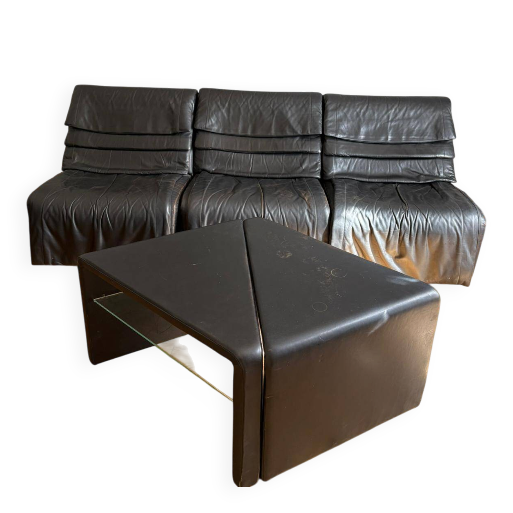 Modular canapé De Sede + matching tables – black leather – vintage year