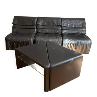 Modular canapé De Sede + matching tables – black leather – vintage year