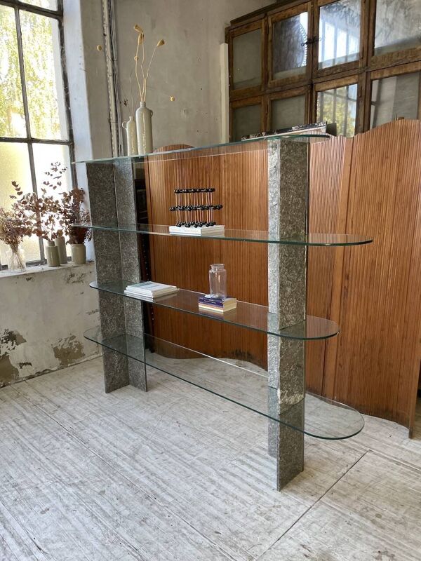 Etagère sculpture pierre et verre Roche Bobois années 70