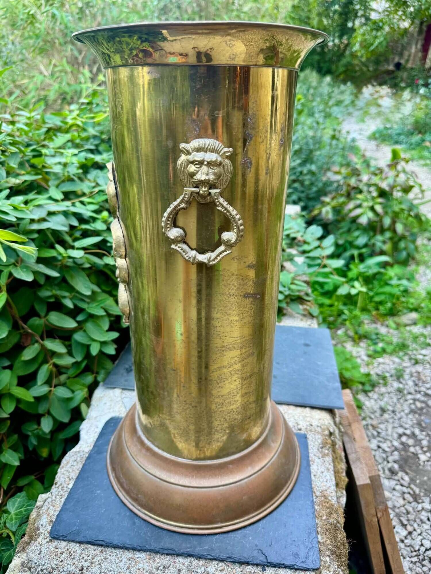 Brass umbrella stand from the 1950s, baroque style.