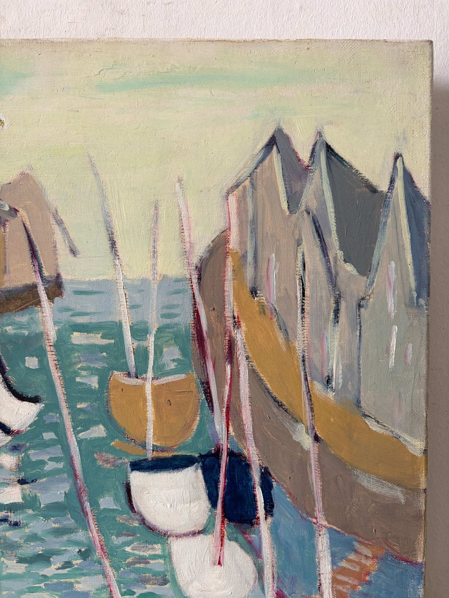 Houses by the port in the mist, oil on canvas signed 1989