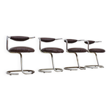 Chaises de salle à manger Vintage Cobra par Giotto Stoppino en cuir marron, ensemble de 4 des années 1970.