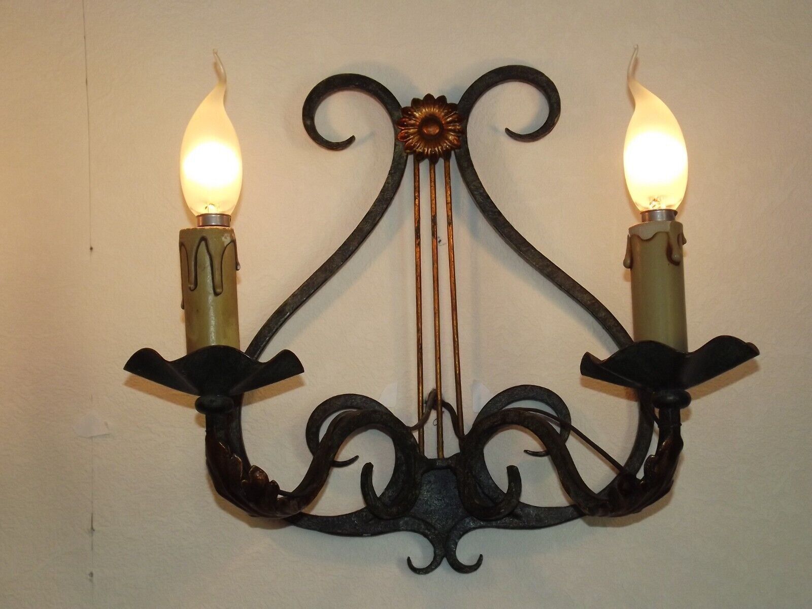 Pair of old antique French double lyre shape green wrought iron wall sconces