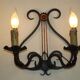 Pair of old antique French double lyre shape green wrought iron wall sconces