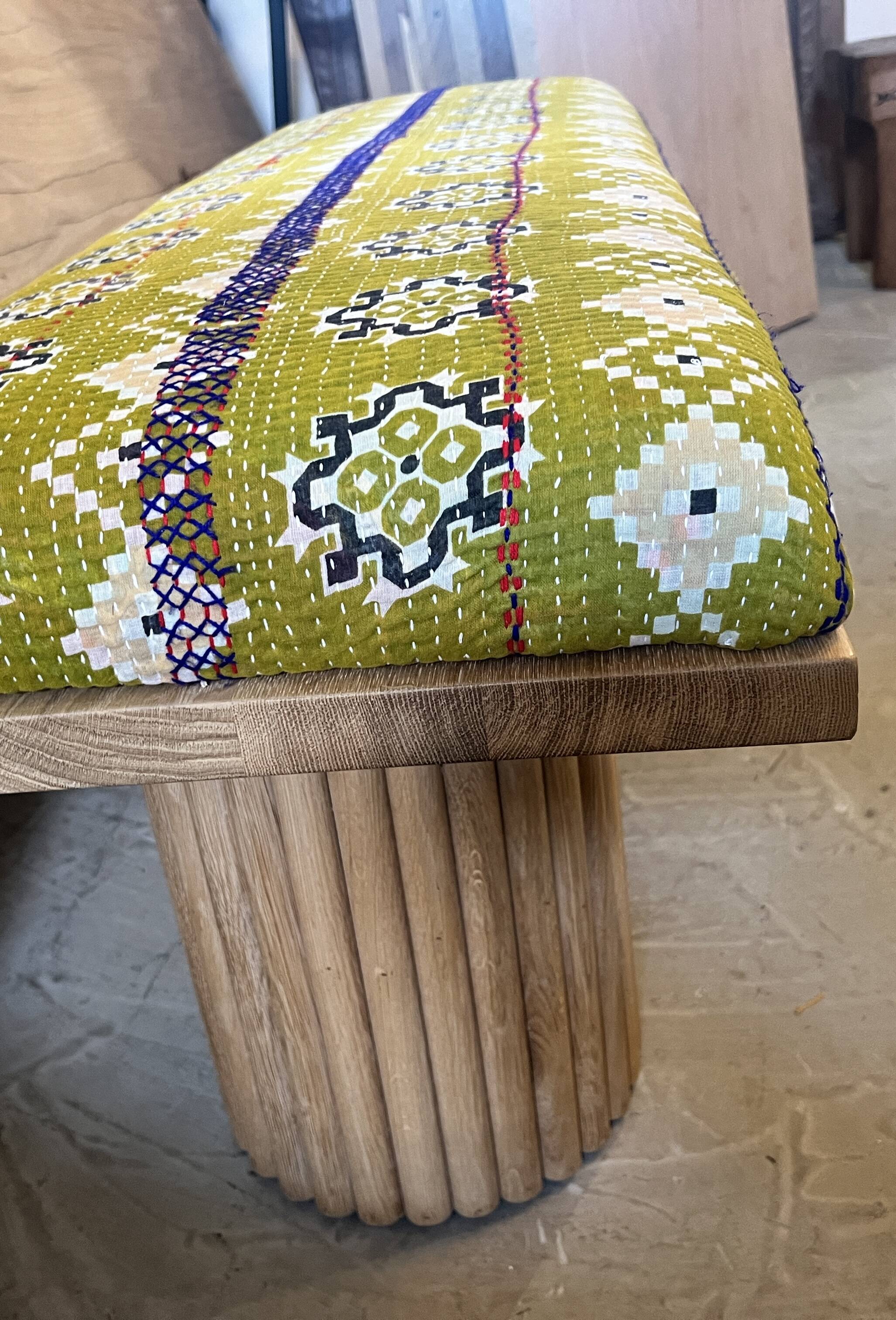 Mango wood bench with khanta fabric.