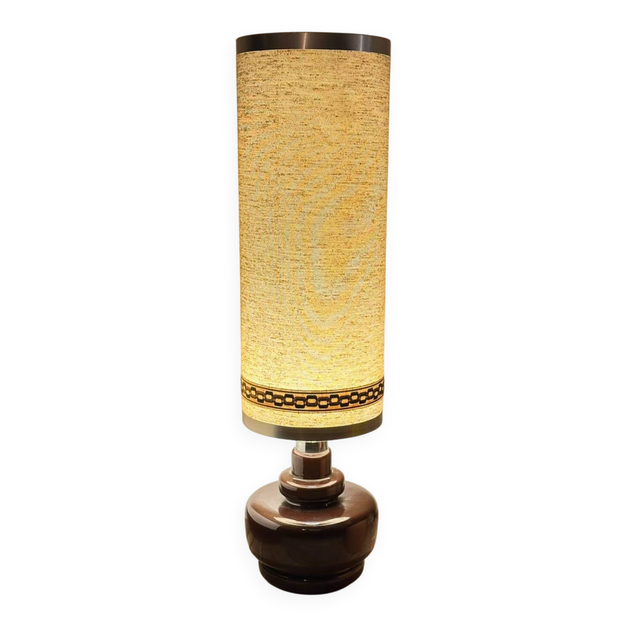 70's ceramic floor lamp with boucle fabric shade.