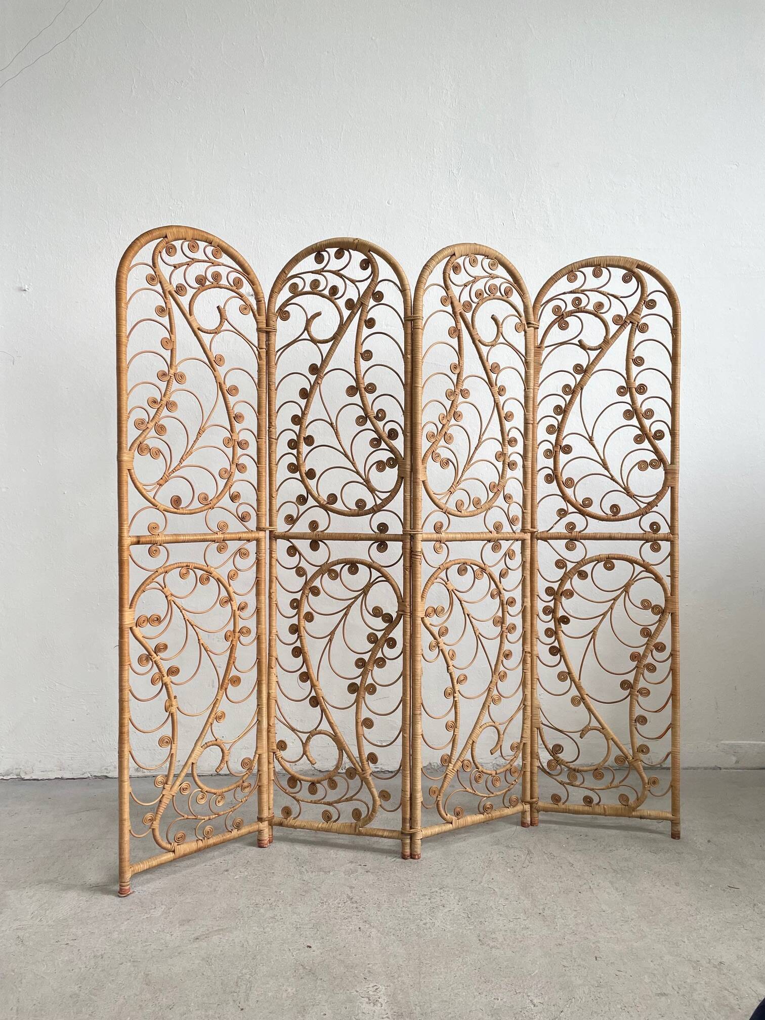 Vintage Four-part Rattan Peacock Screen, Room Divider, 1950s