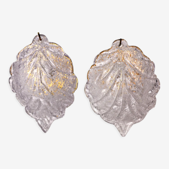 Paire d'appliques feuille par Murano Mazzega en verre givré Italie 1970