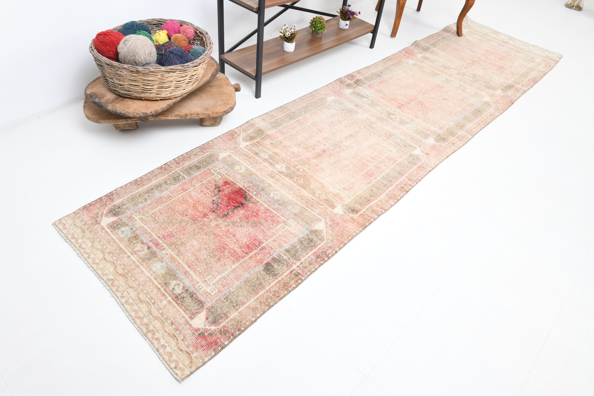 Brown red turkish runner rug, 90x336 cm