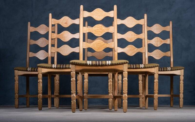 Brutalist Oak Dining Chairs by Henning Kjærnulf, 1960s, Set of 6