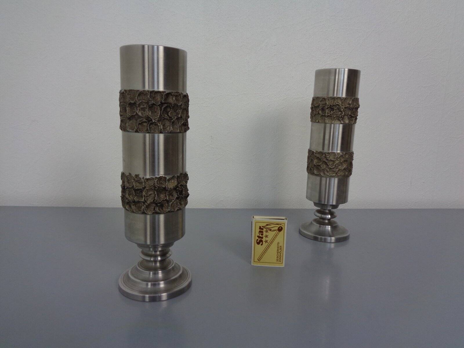 Brutalist German vases in stainless steel, 1960s, set of 2