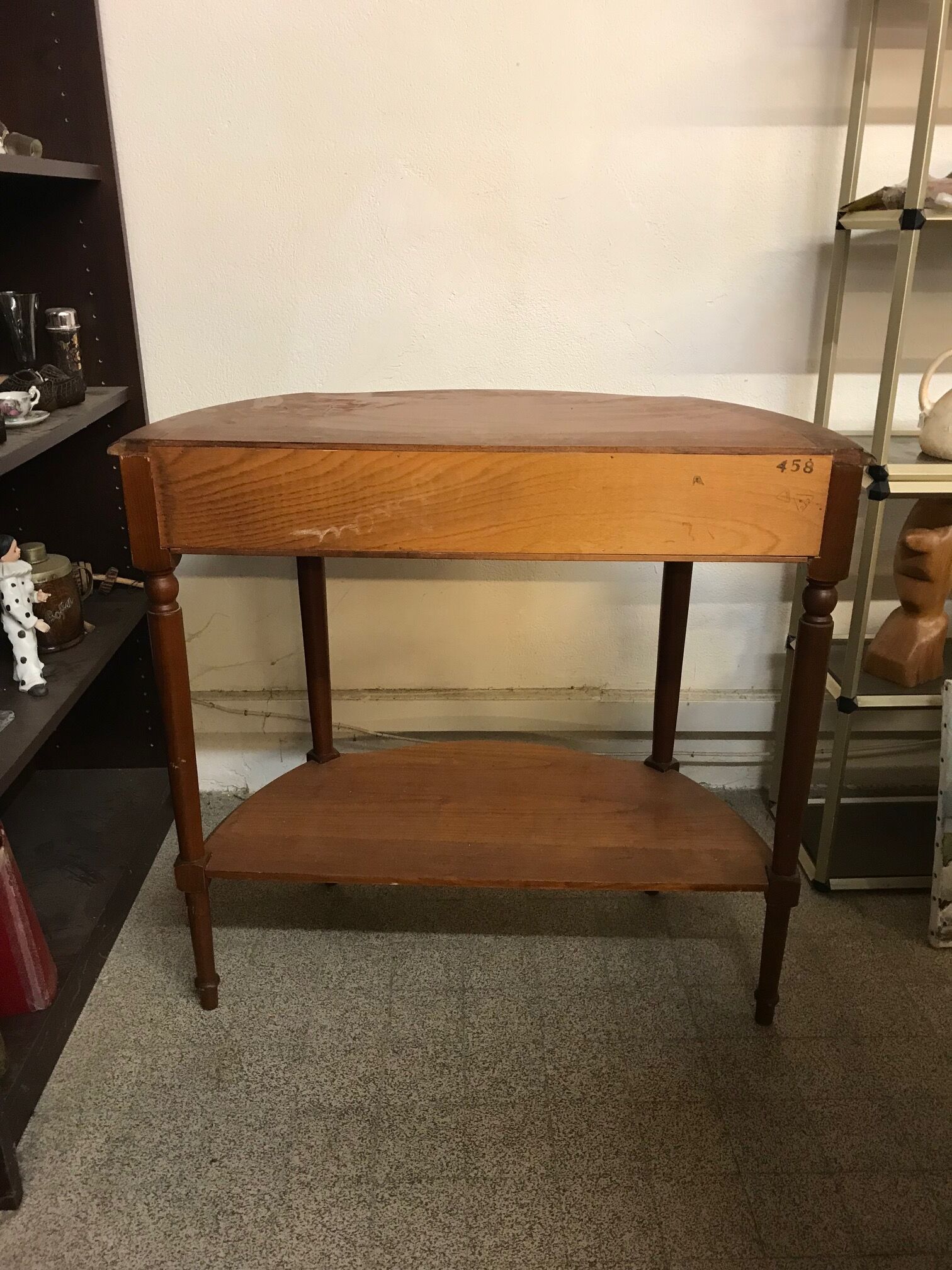 Cherry half-moon console with drawer and bottom shelf
