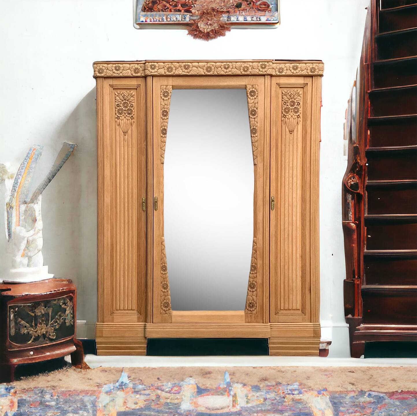 Parisian Art Deco style wardrobe in solid raw oak, 1950