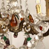 Lustre en bronze doré, pendeloques cristal et pampilles de verre coloré en forme de fruits, fin XIXe