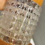 Swedish table lamps made of teak wood and hard pressed crystal glass.