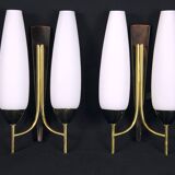 Pair of double brass and opaline sconces, Maison Arlus, France, Mid-Century