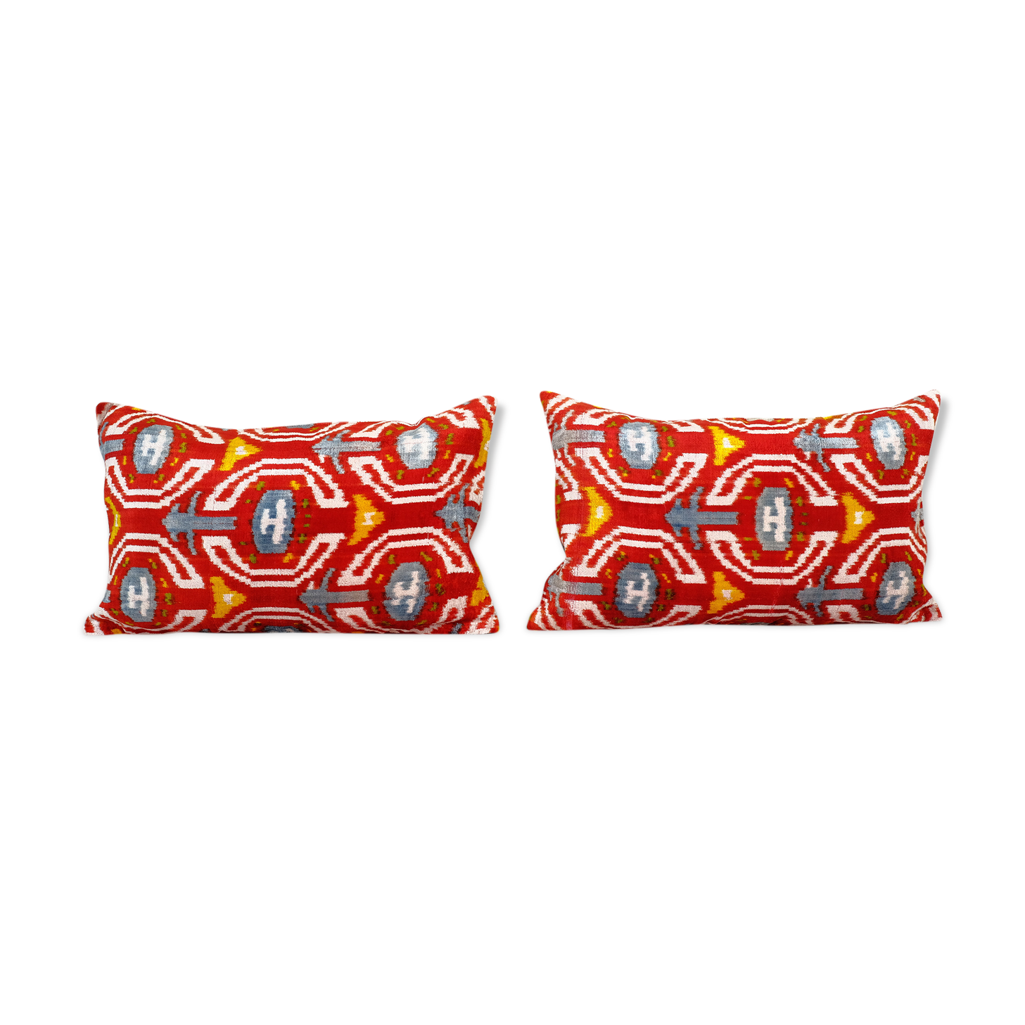 Set of two red ikat velvet lumbar pillows