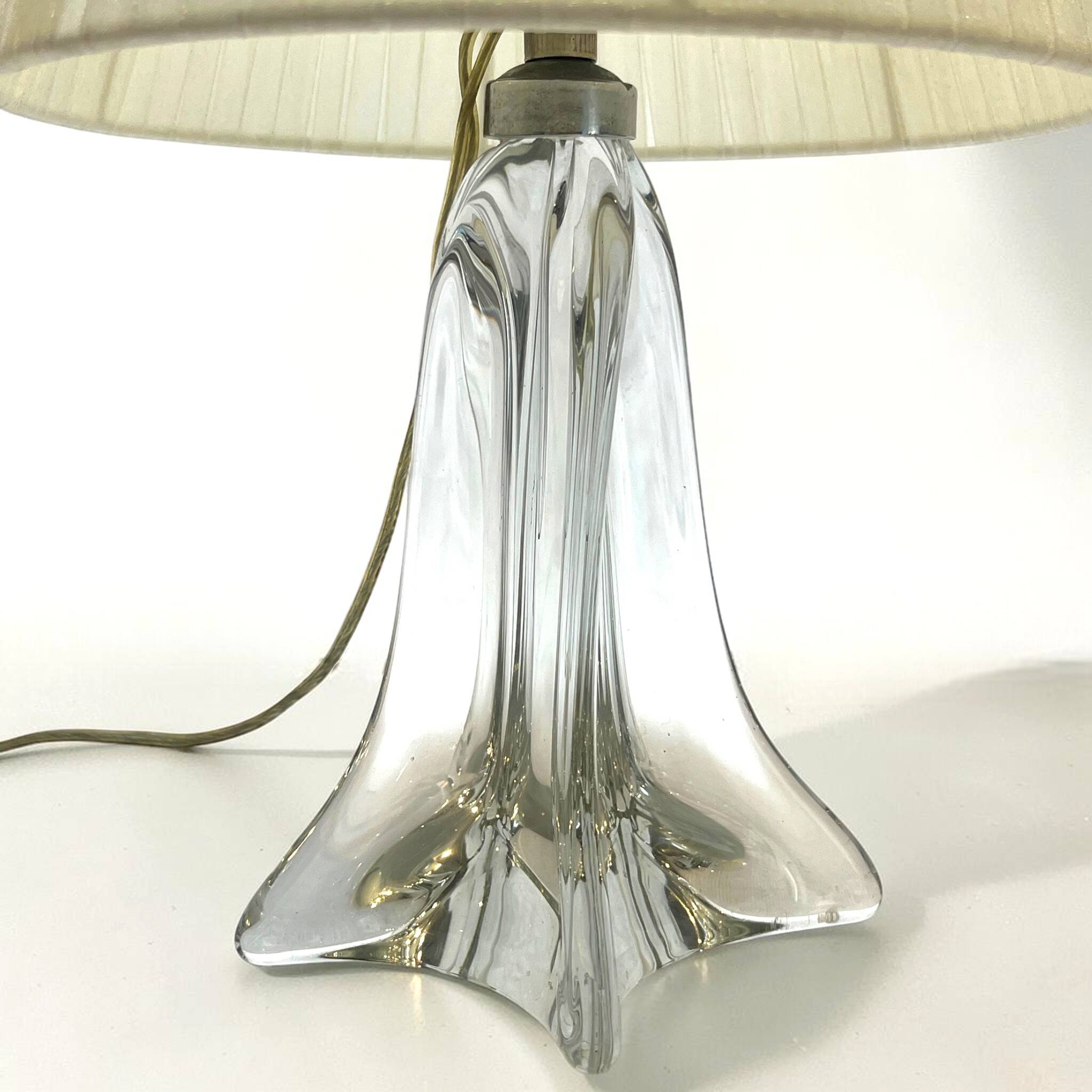 vintage crystal lamp base from the 1960s with a white ribbon shade